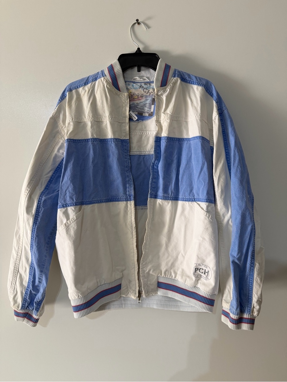 Pacifica White and Light Blue Colorblock Bomber Jacket